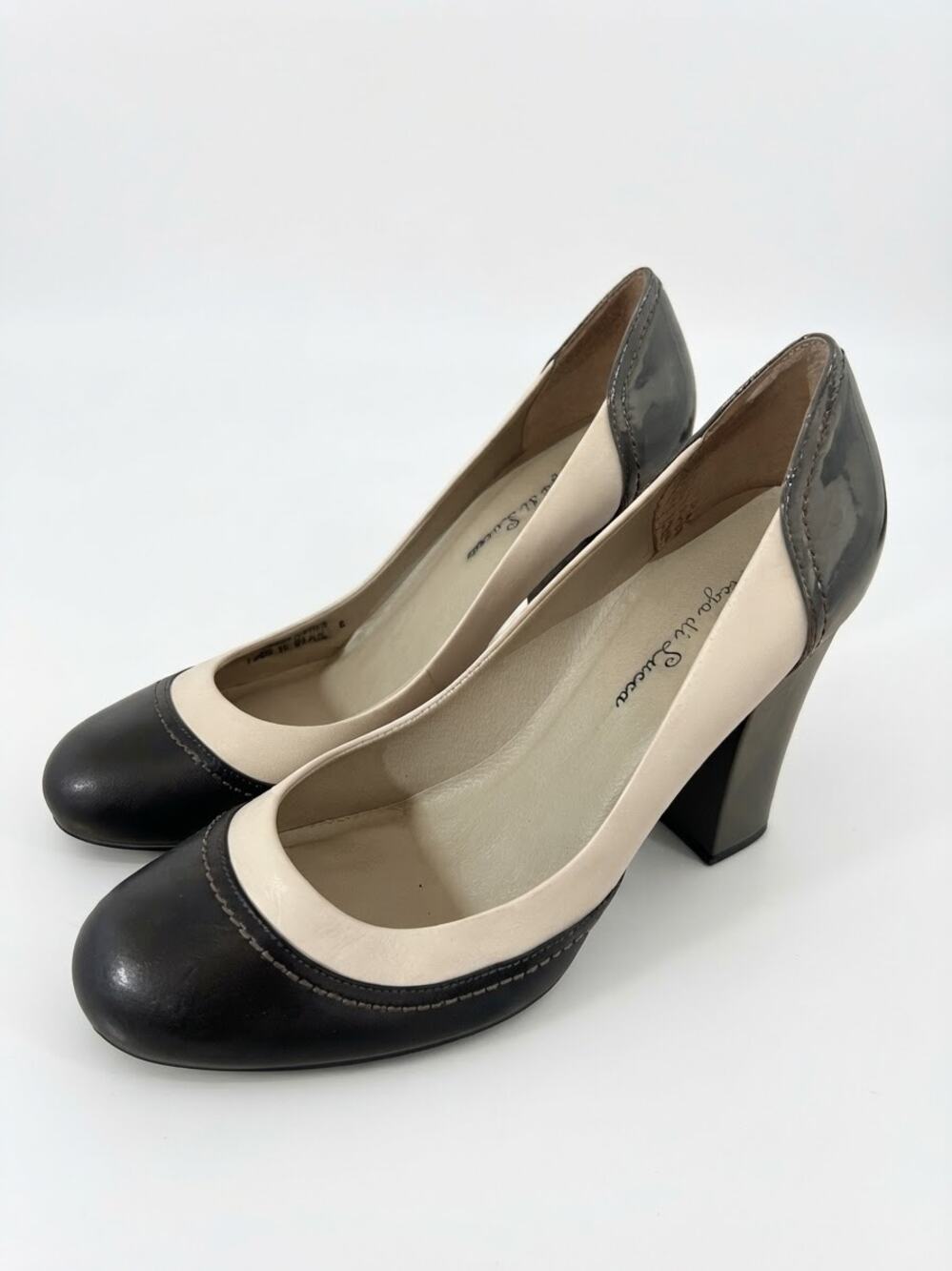 Diego di Lucca Black Cream Leather Colorblock Block Heel Pumps Size 8 Chic Retro